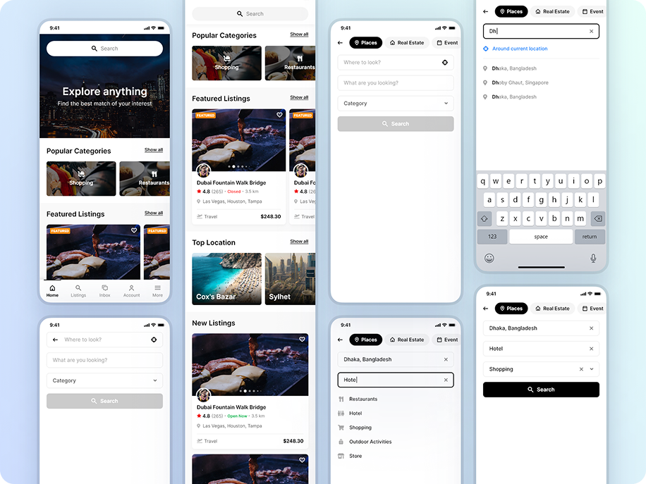 Directorist discovery, search, categories, and location search screens